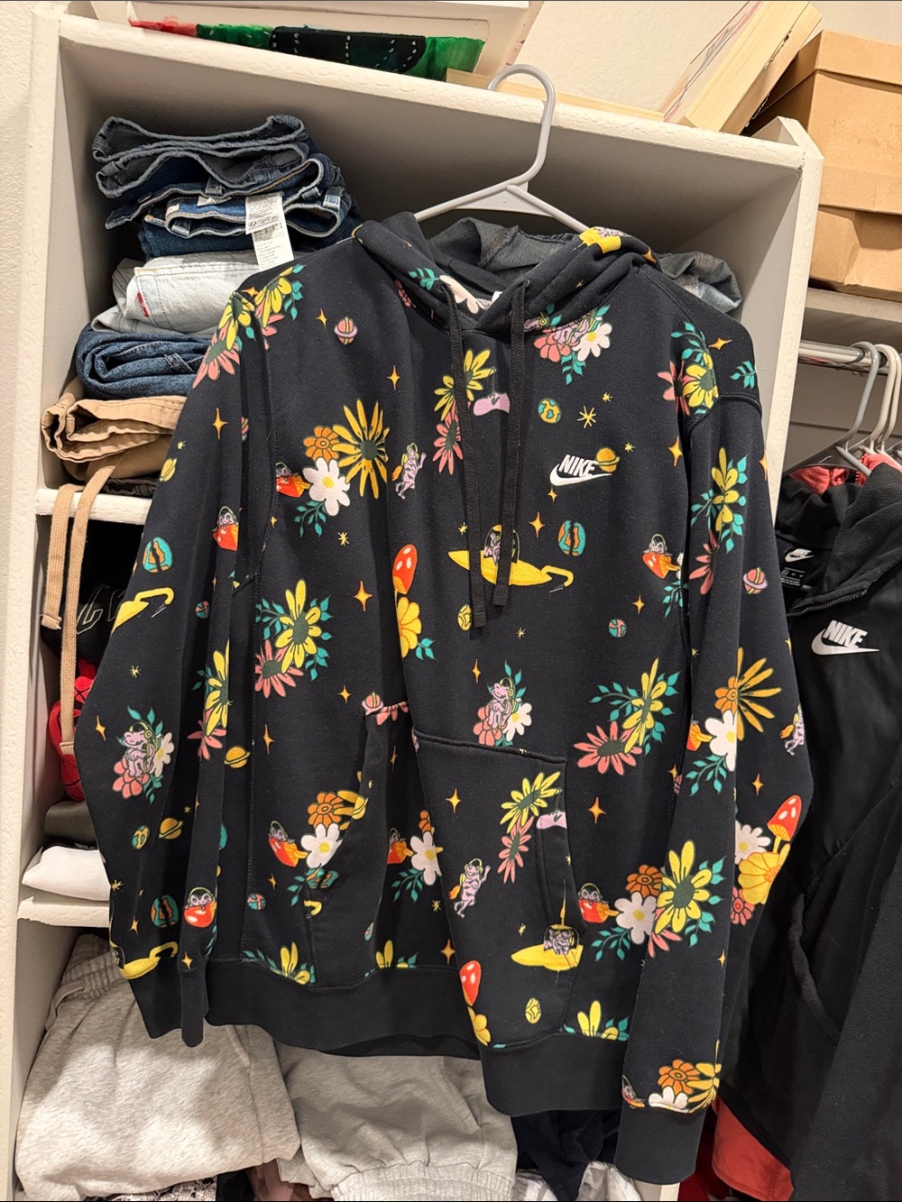 Nike Black Hoodie with Yellow, Pink, Green & White Floral Space Print